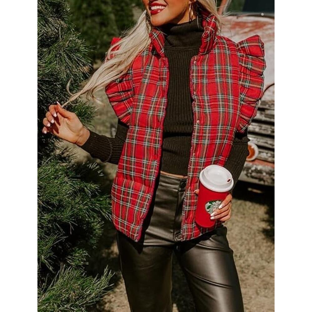 Plaid Puffer Vests Ruffle Sleeveless Lightweight Quilted Vest, Winter Padded, XL - Picture 3 of 6